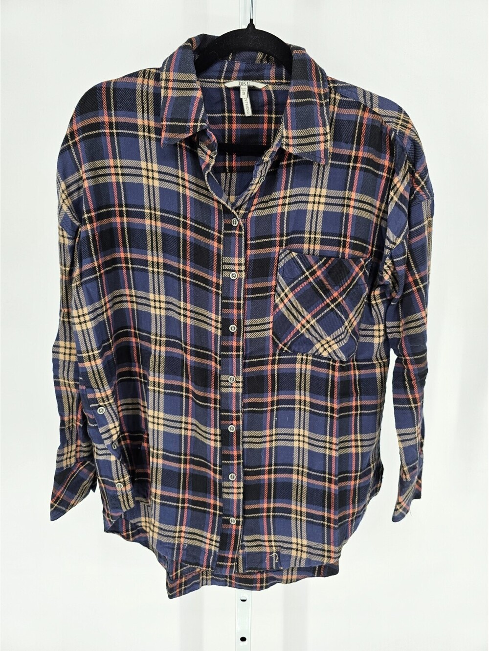 BKE Womens Sz S Boyfriend Fit Long Sleeve Button Up Flannel Shirt Blue Plaid - Picture 1 of 3